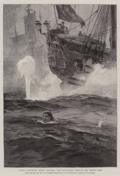 Młoda Cloudesley Shovell pływająca z depeszami przez Ogień Wroga autorstwa William Heysham Overend