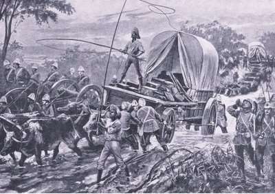 Zulu War: Estowe Relief Force przekraczające strumień, kwiecień 1879, ilustracja z brytyjskich bitew na lądzie i morzu, 1915 autorstwa William Heysham Overend