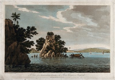 Widok izolowanej skały w rzece Ganges w Jangerah autorstwa William Hodges
