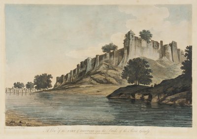 Widok na fort Iionpoor [fort Firuz Szaha Tughluqa, Jaunpur, Uttar Pradesh, 1360 r.] nad brzegiem rzeki Goomty [Gumti] z albumu „Wybrane widoki Indii” autorstwa William Hodges