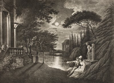 Belmont, Aleja do domu Portii, akt III, scena I, z „Kupca weneckiego”, z The Boydell Shakespeare Gallery, wydana pod koniec XIX wieku autorstwa William Hodges