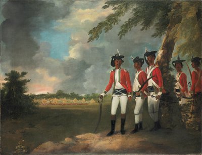 Obóz tysiąca ludzi utworzony przez Augustusa Clevelanda trzy mile od Bhagalpur, z jego posiadłością w oddali autorstwa William Hodges