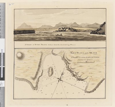 Strona 3a Mapa Port Praya na wyspie St Jago, Wyspy Zielonego Przylądka. Zatytułowany „Port Praya na wyspie St Jago jeden z Cape de Verds sic Skala od 2 do 1/2 mili” / Widok Port Praya wzięty z miejsca zakotwiczenia”. autorstwa William Hodges