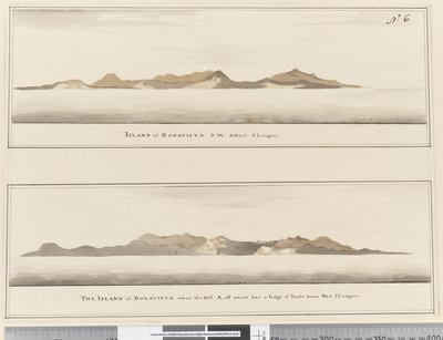 Page 6 Wyspa Bonavista: 2 profile. Tytuł: „Wyspa Bonavista S.W. odległe 5 lig” i „Wyspa Bonavista, gdy wzgórze A, od którego leży półka skalna, sięga na zachód 2 ligi” autorstwa William Hodges