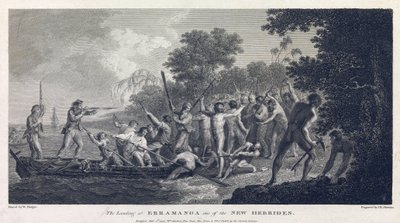 Lądowanie na Erramanga (lub Eromanga), jednej z wysp Vanuatu (dawniej Nowe Hebrydy, archipelag na Oceanie Spokojnym), przedstawiające załogę kajaka walczącą z wojownikami z wyspy. autorstwa William Hodges