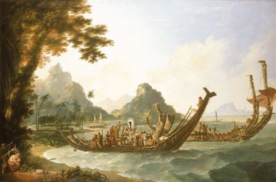 Łodzie wojenne z wyspy Otaheite (Tahiti) i Wysp Towarzystwa, z widokiem na część portu Ohaneneno na wyspie Ulieta, jednej z Wysp Towarzystwa. autorstwa William Hodges