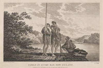 Widok na Zatokę Wysp (Dusky Bay) (Nowa Zelandia) z maoryską rodziną. Rycina (33,9x47,1 cm) z rysunku Williama Hodgesa (1744-1797), około 1785 roku. autorstwa William Hodges