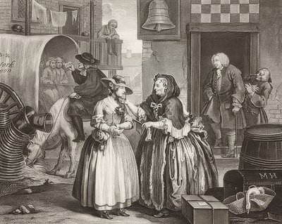 Postępy nierządnicy / Der Weg einer Dirne, Blatt 1: Ankunft in London. 1732 autorstwa William Hogarth