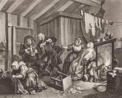 Postęp nierządnicy / Droga dziwki. Arkusz 5: Śmierć. 1732 autorstwa William Hogarth