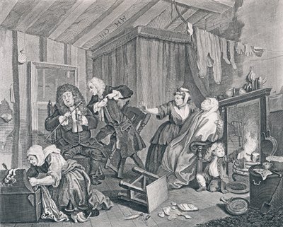 Postęp nierządnicy, płyta piąta: wygasa, podczas gdy lekarze dyskutują, 1732 (akwaforta i grawerowanie) autorstwa William Hogarth