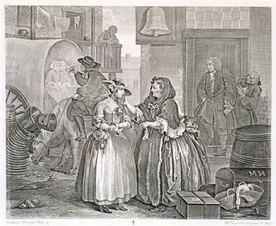 Postępy nierządnicy, plansza pierwsza: Uwięziona przez prostytutkę, 1732 (akwaforta i rycina) autorstwa William Hogarth