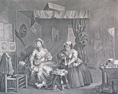 Postęp nierządnicy, płyta trzecia: Pojmany przez sędziego, 1732 (akwaforta i grawerowanie) autorstwa William Hogarth