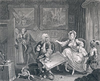 Postęp nierządnicy, płyta druga: Kłótnie z jej żydowskim obrońcą, 1732 (akwaforta i grawerowanie) autorstwa William Hogarth