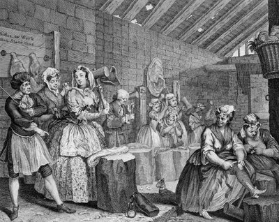 Postępy nierządnicy, tablica IV, scena w stajni panny młodej autorstwa William Hogarth