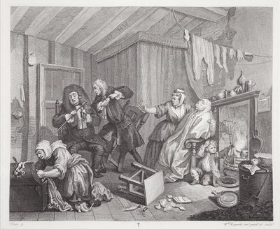 Postęp nierządnicy, tablica V, z "The Original and Genuine Works of William Hogarth", wydanej w Londynie w latach 1820-22 autorstwa William Hogarth