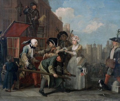 Postęp rozpustnika IV: aresztowany, pójście do sądu, 1733 r. autorstwa William Hogarth