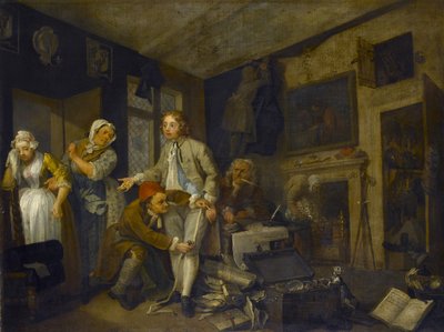 Postęp grabiego I: Grabiarz przejmujący jego majątek, 1733 autorstwa William Hogarth