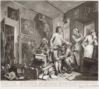 Postęp prowizji, płyta 1: Grabie przejmuje jego majątek / Der Weg eines Liederlichen, Blatt 1: Die Erbschaft. 1735 autorstwa William Hogarth