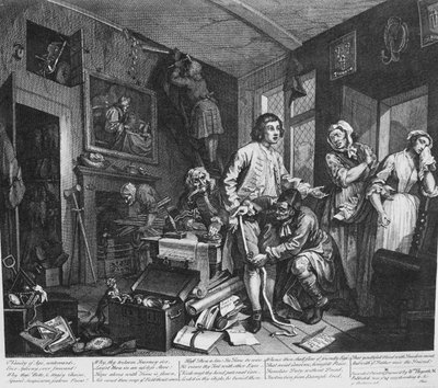 Postęp rozpustnika, płyta 1, Młody spadkobierca przejmuje efekty skąpca autorstwa William Hogarth