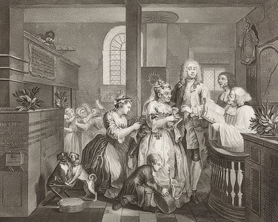 A Rake? S Progress, Tablica 5: Grabież poślubia starą kobietę / The Path of a Dissolute, Arkusz 5: Tom Rakewell poślubia bogatą starą kobietę). 1735 autorstwa William Hogarth