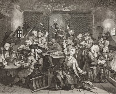 A Rake?s Progress, Plate 6: The Rake at a Gaming House / Der Weg eines Liederlichen, Blatt 6: Tom Rakewell in einer Spielhölle. 1735 autorstwa William Hogarth