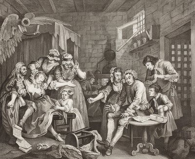 A Rake?S Progress, karta 7: The Rake in Prison / The Path of a Verbosome, Sheet 7: Tom Rakewell w więzieniu. 1735 autorstwa William Hogarth