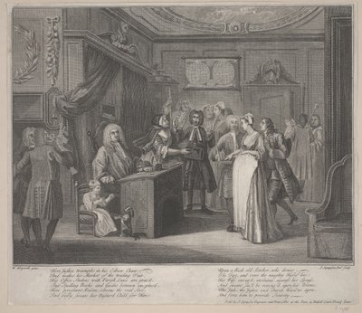 Kobieta przysięgająca dziecko obywatelowi grobu, ok. 1730-1735 (akwaforta) autorstwa William Hogarth