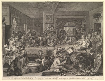 Rozrywka wyborcza, płyta I: Cztery druki z wyborów, luty 1755. autorstwa William Hogarth