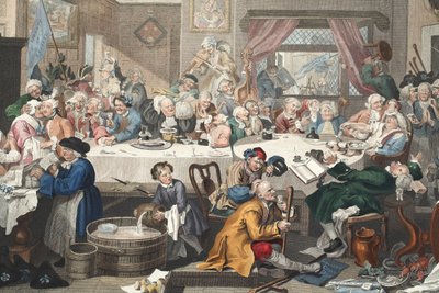 An Election Entertainment, ilustracja z „Hogarth Restored: The Whole Works of the sławny William Hogarth, ponownie grawerowany przez Thomasa Cooka”, wyd. 1812 (grawerowanie ręcznie kolorowane) autorstwa William Hogarth