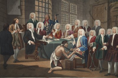 Bambridge sądzony za morderstwo przez komisję Izby Gmin, ilustracja z „Hogarth Restored: The Whole Works of the słynny William Hogarth, ponownie wygrawerowany przez Thomasa Cooka”, wyd. 1812 (rycina ręcznie kolorowana) autorstwa William Hogarth