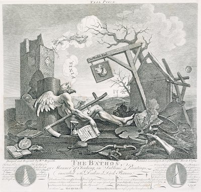 Bathos, sposób zatonięcia, w wysublimowanych obrazach wpisanych do handlarzy ciemnymi obrazami, 1764 (akwaforta i grawerowanie) autorstwa William Hogarth