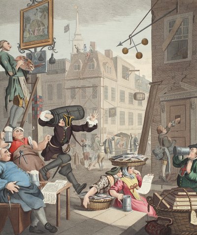Beer Street, ilustracja z „Hogarth Restored: The Whole Works of the sławny William Hogarth, ponownie grawerowany przez Thomasa Cooka”, wyd. 1812 (grawerowanie ręcznie kolorowane) autorstwa William Hogarth