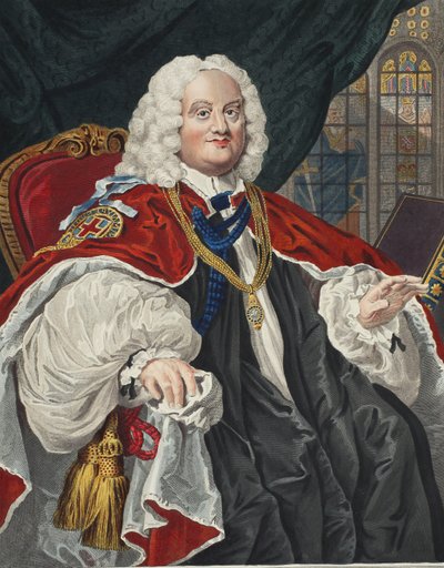 Benjamin Hoadly, ilustracja z „Hogarth Restored: The Whole Works of the sławnego Williama Hogartha, ponownie grawerowane przez Thomasa Cooka”, wyd. 1812 (grawerowanie ręcznie kolorowane) autorstwa William Hogarth