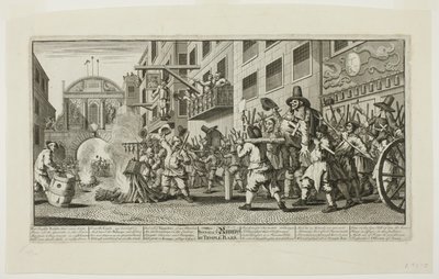 Spalenie Rumps w Temple Bar, płyta jedenasta z Hudibras autorstwa William Hogarth