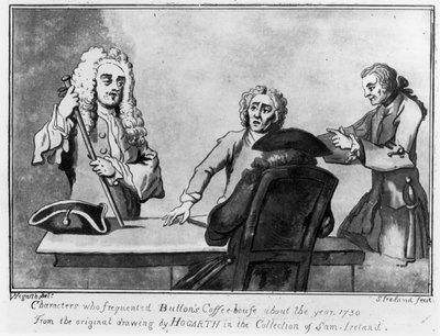 Buttons Coffee House, 1730 (pióro i tusz i pranie na papierze) autorstwa William Hogarth