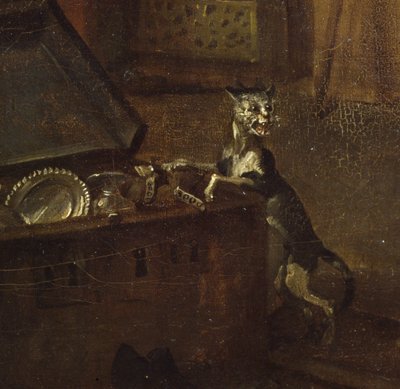 Kot z klatką piersiową, fragment z filmu A Rakes Progress I: Grabiarz biorący posiadłość, 1733 olej na płótnie, fragment 72326 autorstwa William Hogarth