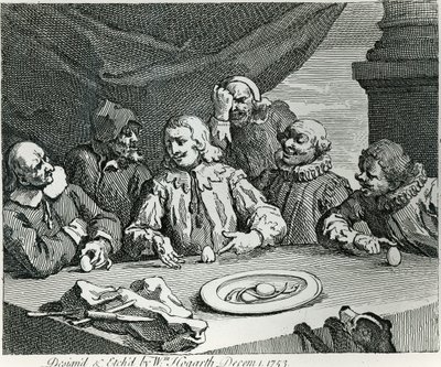 Kolumb rozbijający jajko, 1753 r. autorstwa William Hogarth