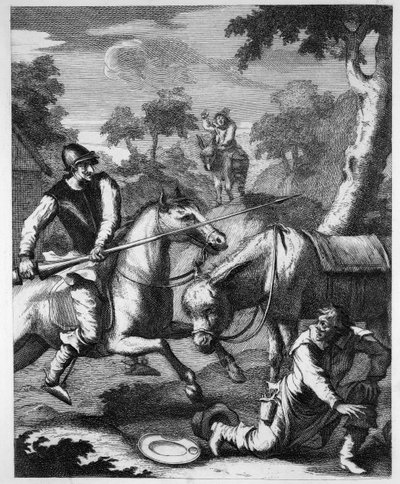 Don Luixote zdobywa Bason Baibeis za hełm Mambrinos autorstwa William Hogarth