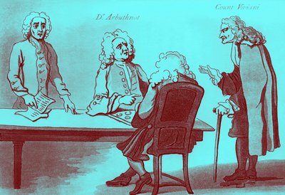 Dr Arbuthnot i hrabia Viviani w kawiarni Buttona autorstwa William Hogarth