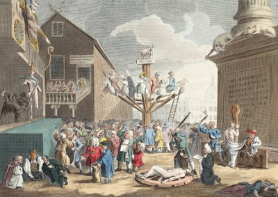 Emblematyczny nadruk przedstawiający Morze Południowe, ilustracja z „Hogarth Restored: The Whole Works of the słynny William Hogarth, ponownie wygrawerowany przez Thomasa Cooka”, wyd. 1812 (rycina ręcznie kolorowana) autorstwa William Hogarth