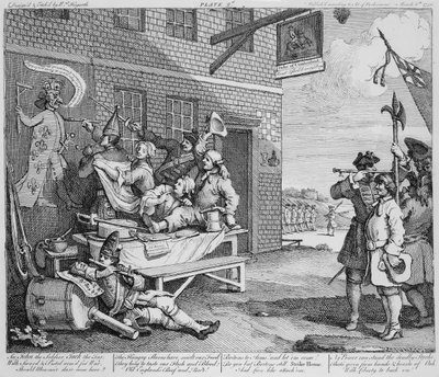 Anglia, tablica II „Inwazji”, 1756 autorstwa William Hogarth