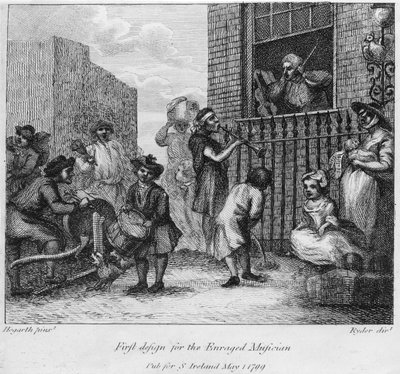 Pirmasis Įniršusio muzikanto dizainas, 1799 m autorstwa William Hogarth