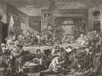 Cztery druki o wyborach / wyborach powszechnych. Arkusz 1: Rozrywka wyborcza. 1755 autorstwa William Hogarth