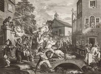 Cztery druki o wyborach / wyborach powszechnych. Arkusz 4: Przewodnictwo posłom / Triumfalna procesja posłów. 1758 autorstwa William Hogarth
