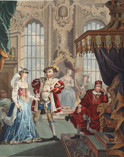 Henryk VIII i Anna Boleyn, ilustracja z książki „Odrestaurowany Hogarth: całe dzieła słynnego Williama Hogartha, ponownie grawerowane przez Thomasa Cooka”, wyd. 1812 (rycina ręcznie kolorowana) autorstwa William Hogarth