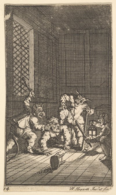 Hudibras katechizował siedemnaście małych ilustracji dla Samuela Butlersa Hudibras, no. 14, 1721-26. autorstwa William Hogarth