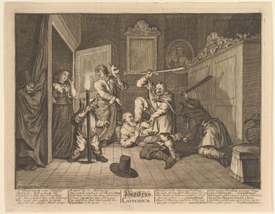 Hudibras katechizował dwanaście dużych ilustracji dla Samuela Butlersa Hudibras, tablica 9, 1725-68. autorstwa William Hogarth