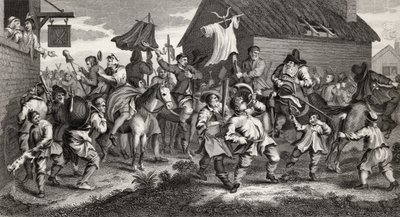 Hudibras Encounters the Skimmington, grawerowane przez T.E. Nicholson, z „Hudibras”, Samuel Butler (1612-80) z „Dzieła Hogartha”, opublikowane 1833 autorstwa William Hogarth