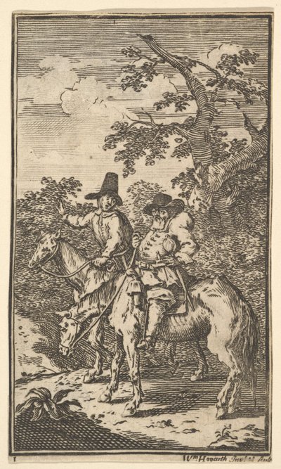 Hudibras zbliża się do siedemnastu małych ilustracji dla Samuela Butlersa Hudibras, nr..., 1721-26. autorstwa William Hogarth