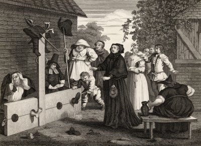 Hudibras i Ralpho in the Stocks, z „Hudibras” Samuela Butlera (1612-80) sztychowanego przez J. Romneya, z „Dzieła Williama Hogartha”, opublikowane 1833 autorstwa William Hogarth